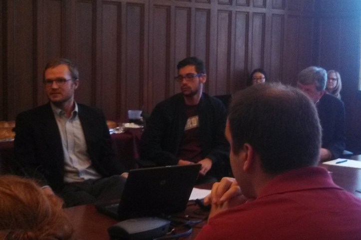 Joseph Vukov (left) discusses perspectives on moral worth on April 15, 2015