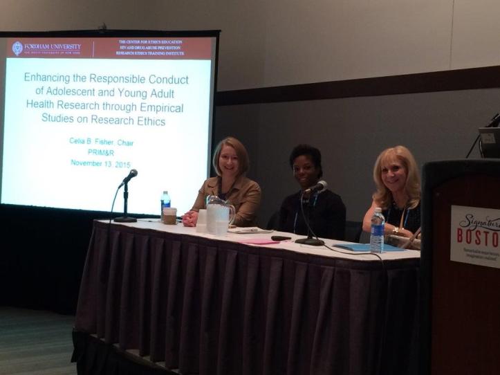 Dr. Erin Bonar, Dr. Faith Fletcher, and Dr. Celia B. Fisher at the PRIM&R Annual Meeting 2015. Photo courtesy Sue Fish